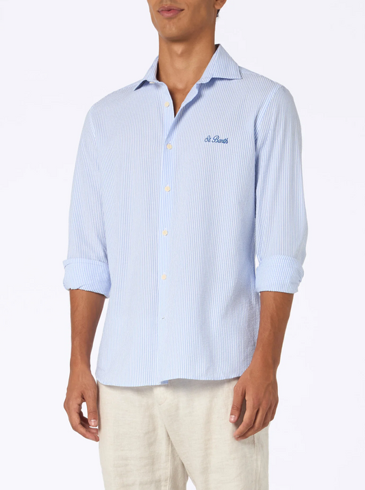 Camicia da uomo Pamplona in cotone seersucker con righe azzurre